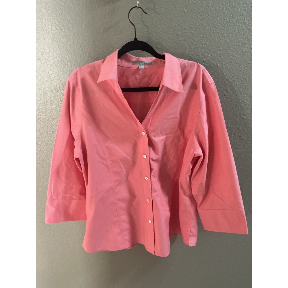 Foxcroft Button Down Shirt Womens 18 Pink Excellent Non-Iron Fitted 3/4 Sleeve
